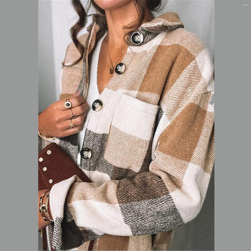

Women' Jackets Womens Female Outerwear Color Block Plaid Shirts Blouse Tops Coat Button Down Flannel Cardigan Long Sleeve Pockets, Brown
