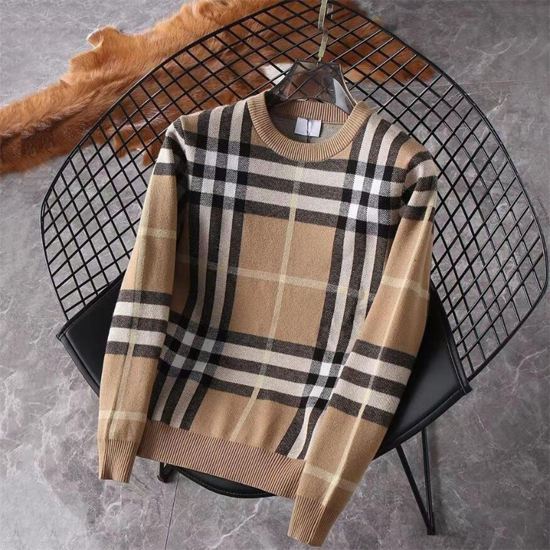 

2023 Men's Sweaters European Fashion Luxury Brand Plaid Round Neck Knitwear Autumn and Winter Thick Sweaters Pullover Sweater for Men, Gray