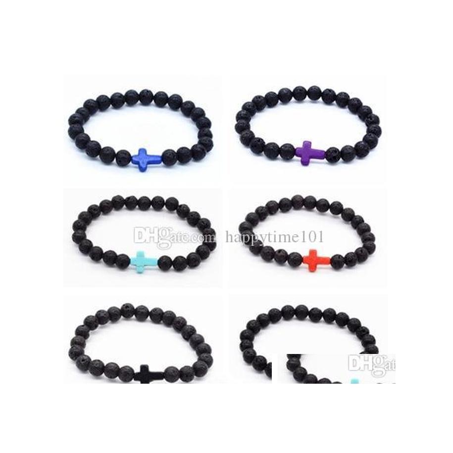 

Beaded Natural Lava Stone Prayer Beads Charms Bracelets Antifatigue Sier Cross Volcanic Rock Mens Womens Diffuser Jewelry Drop Delive Dh7Pv