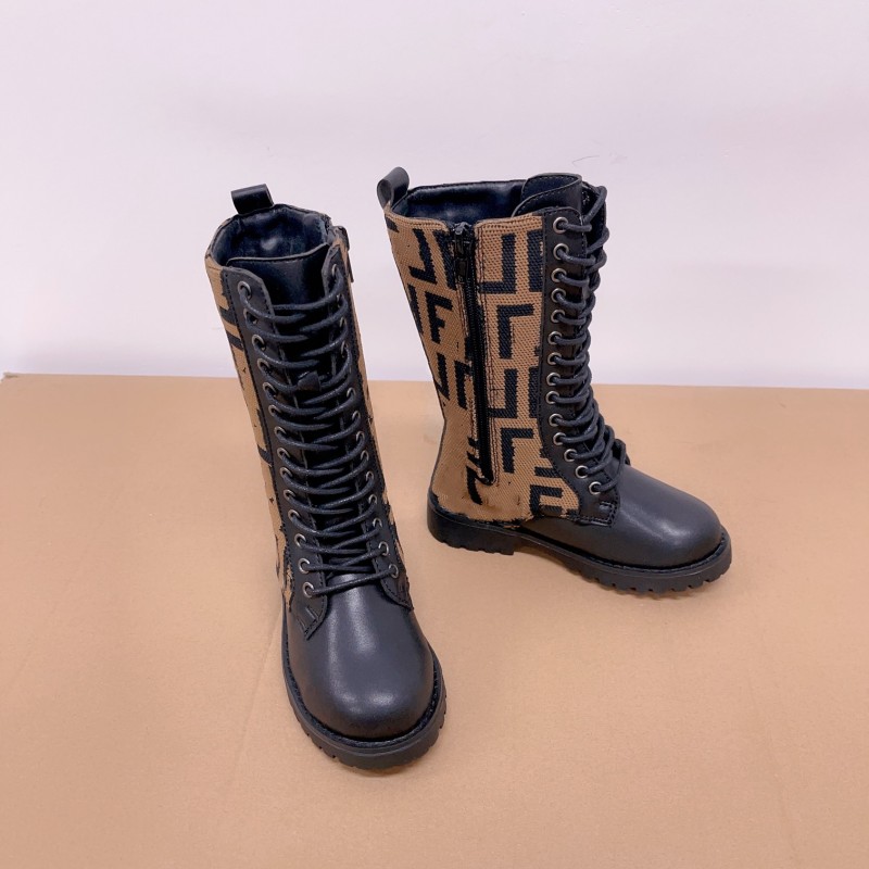 

kids children F letter Rockoko Half Knee Boot boys girls brown black leather Combat Boots Designer luxury Fabric Platform Winter Booties baby toddlers shoes, Fill postage