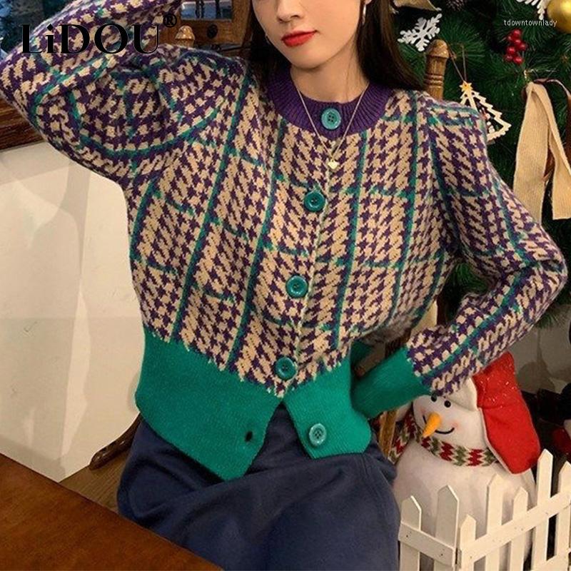 

Women's Knits Autumn Winter Houndstooth Patchwork Casual Fashion Knitted Cardigan Lady Sweet All-match Top Women Single Breasted Sweater, Green