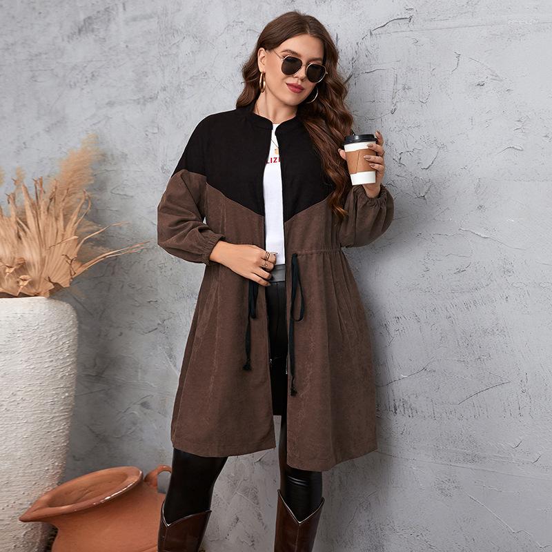 

Outerwear Plus Size Outwears 2022 Elegant Fashion Women Long Patchwork Lace Up Coat Autumn Winter Clothing Large Zipper 4XL