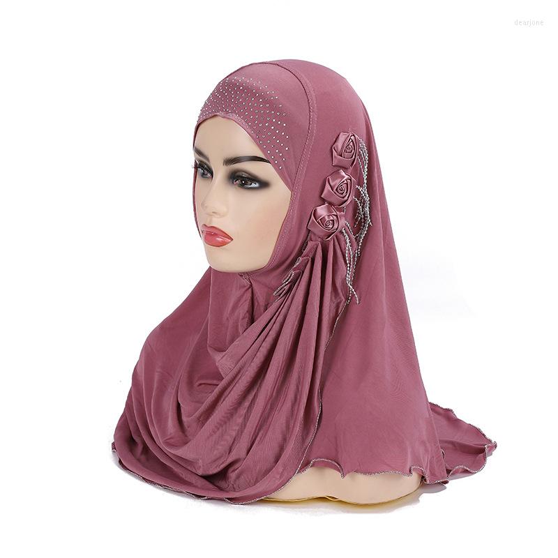 

Hats 60 60cm Women Girls Hijab Cap With Flowers Chains Plain Ice Silk Muslim Pull On Jersey Scarf Ethnic Scarves Islamic Headscarf, Cyan