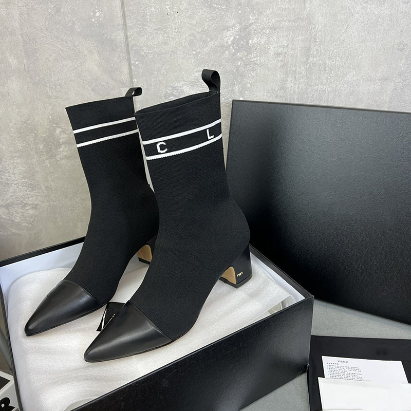 

Womens Ribbed Knitted Calfskin Ankle Boots Pointed Toes Elastic Chunky Heels Chlesea Knight Western Retro Black Boot Casual Outdoor Shoe Sexy For Party With Dresses