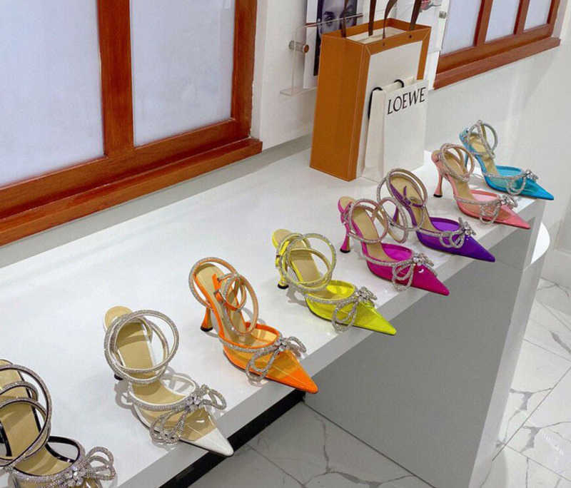 

Brand Sandals 2022 designer design new silk Rhinestone bowknot winding with cup heel Baotou high-heeled sandals, Film sky blue