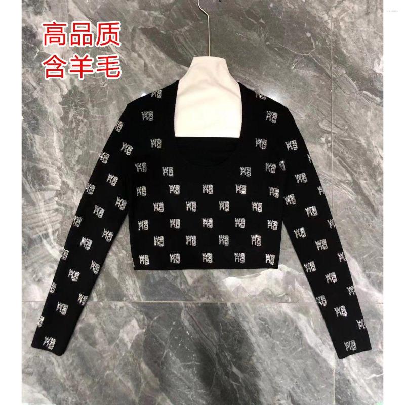 

Women' T Shirts 2022 Early Spring Rhinestone Full Printed Letters Logo Round Collar Wool Knitted Bottoming Shirt Long Sleeve Pullover, Black