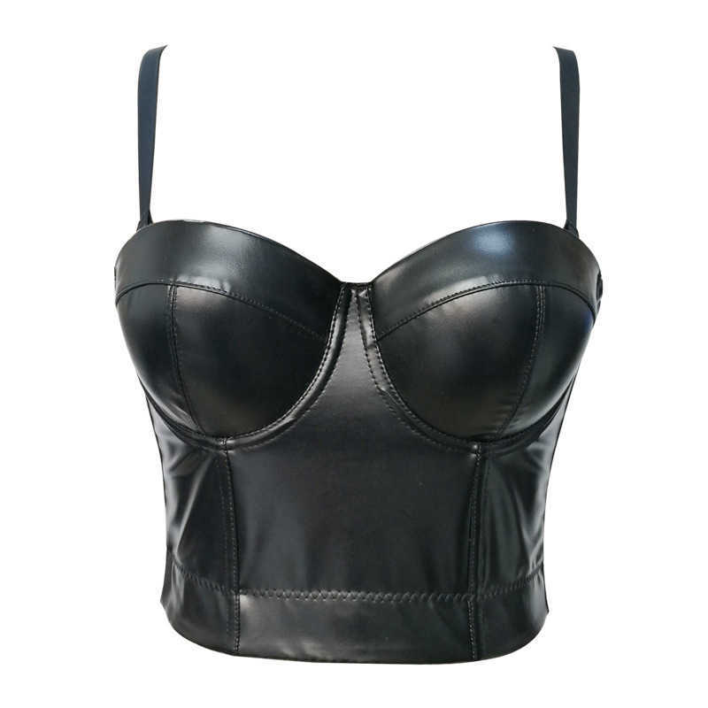 

Spice Girl Leather Bandeau Sheepskin Sling Vest with Bra Free Sexy Beauty Fishbone Top, Black four row eight button