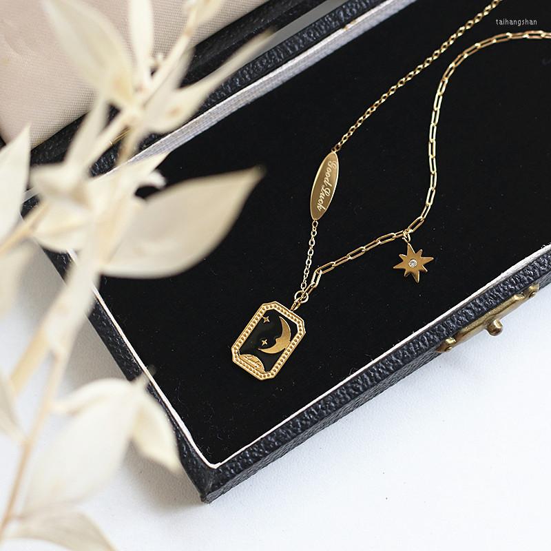 

Pendant Necklaces Stainless Steel Gold Toggle Moon Star Necklace For Women Goodluck Letter Thick Square Chain Enamel Jewelry