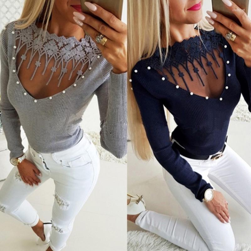 

Women' Sweaters PEONFLY 2022 Sexy Tight Sweater Women Ladies Fashion Slim Lace Beading Hollow Out Neck Knitshirt Tops, Gray