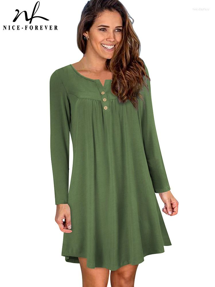 

Casual Dresses Nice-forever Autumn Women Classy Solid Color With Button Loose Shift Day Dress A172, Army green
