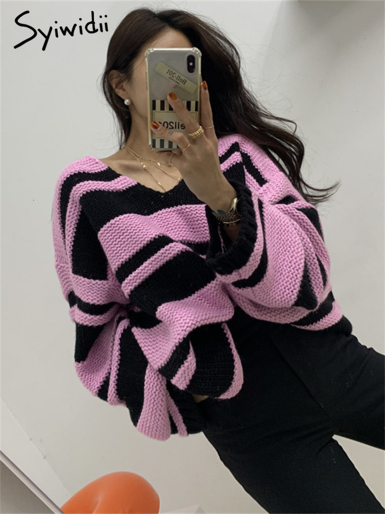 

Women s Sweaters Syiwidii Loose Knitting Sweater Women V Neck Spliced Striped Flare Sleeve Thicken Warm Casual Korean Fashion Pullovers 221206, Black