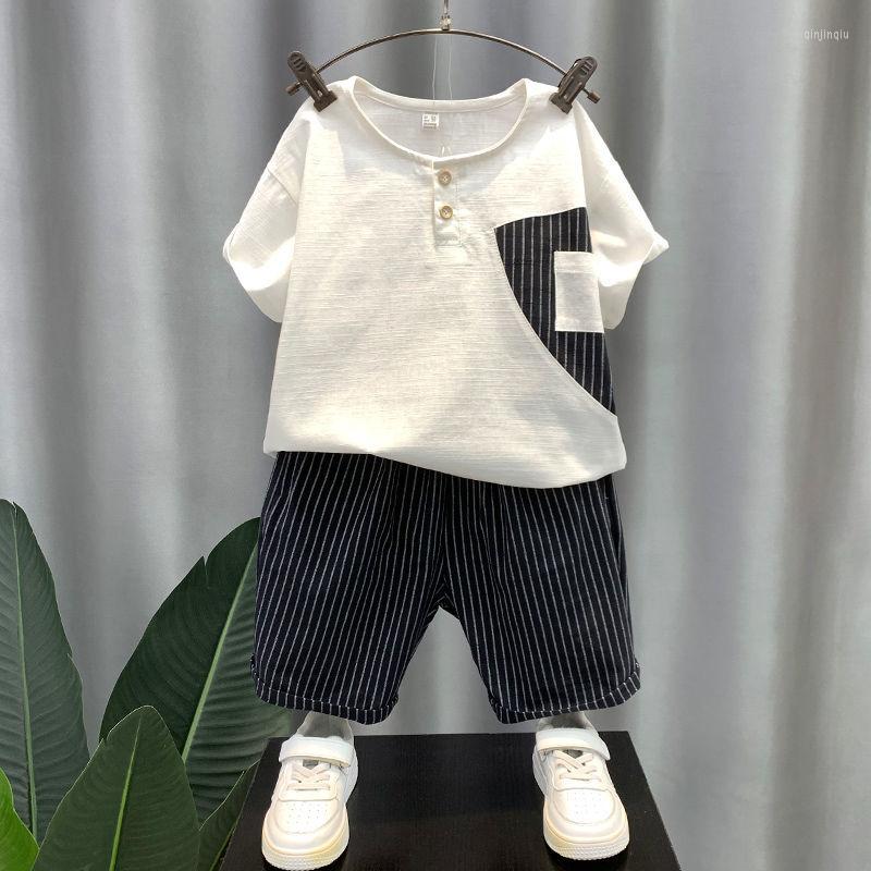 

Clothing Sets Boy's Cool Handsome Summer Wear Suit 2022 Baby Fried Street Striped Clothes Children's, Khaki suit