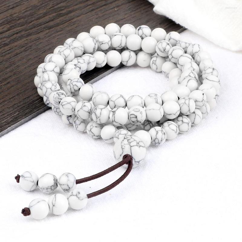

Strand Prayer 108 Beads Black Line White Stone Elastic Bracelet 6MM Budda Pendant Necklace Charm Multilayer Men Bangle Jewelry
