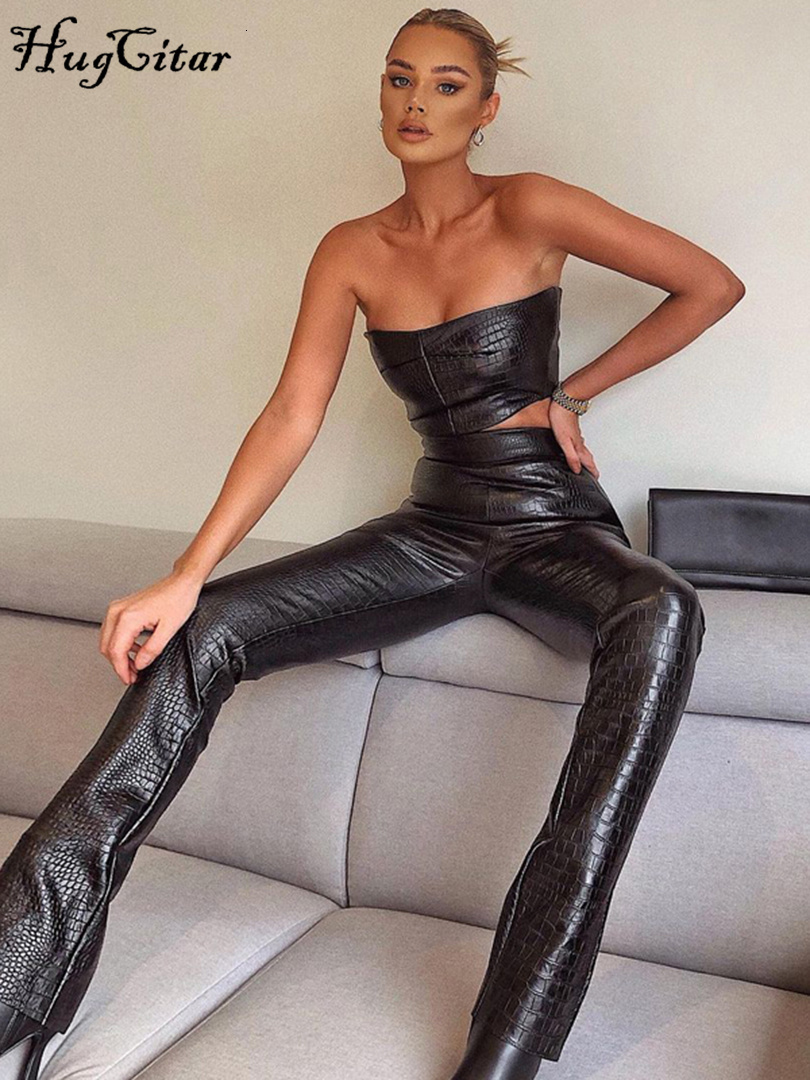 

Women s Two Piece Pants Hugcitar Sleeveless Solid Pu Leather Backless Tube Top Leggings 2 Pieces Set Autumn Winter Women Sexy Streetwear Tracksuit 221206, Black