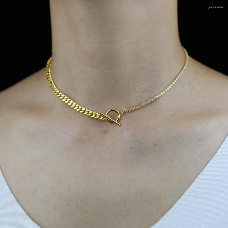

Choker 2022 Half Cuban Link Chain Clear Cz Paved Tennis Toggle Clasp Women Gold Color Simple Necklace Jewelry