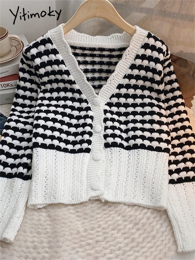 

Women  Knits Tees Yitimoky Striped V Neck Cardigan for Women Fall Winter Korean Fashion Slim Sweater Office Ladies Long Sleeve Knitted Tops 221206, White