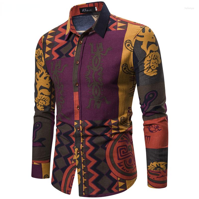 

Men's Casual Shirts Tribal Style Plaid Printed Linen Men Plus Size Slim Fit Autumn Vintage Mens Long Sleeve Shirt, C25