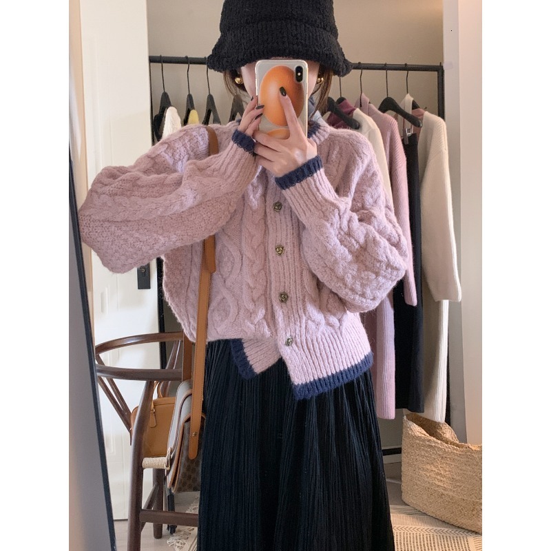 

Women  Knits Tees Soft Colorblock Knitted Cardigan Woman Korean Fashion O Neck Rose Button Long Sleeve Loose Sweater Knitting Top Drop 221206, White