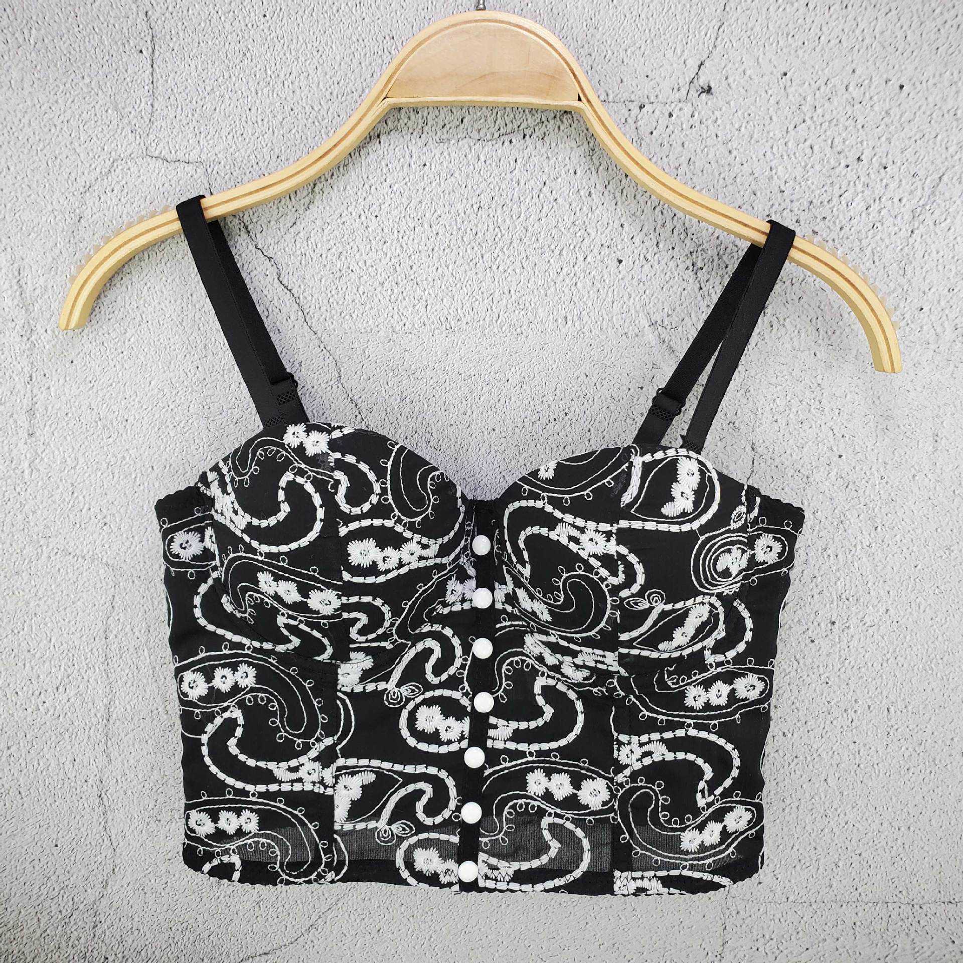 

embroidered buttons cashew nut small suspender vest mesh fishbone spring and summer fresh thin blouse women, White