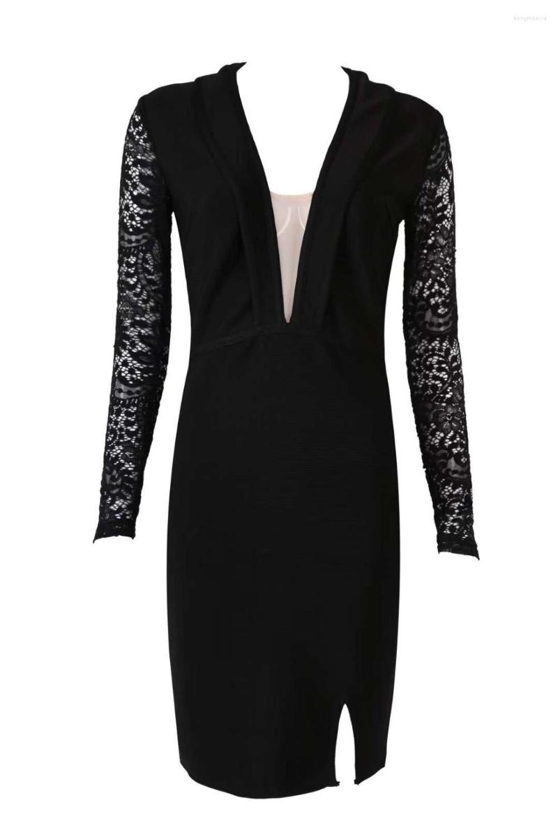 

Casual Dresses 2022 Trendy Black Design Mini Dress Long Sleeves Sexy Bodycon Office Work Lace Splicing Celebrity Party Club Bandage