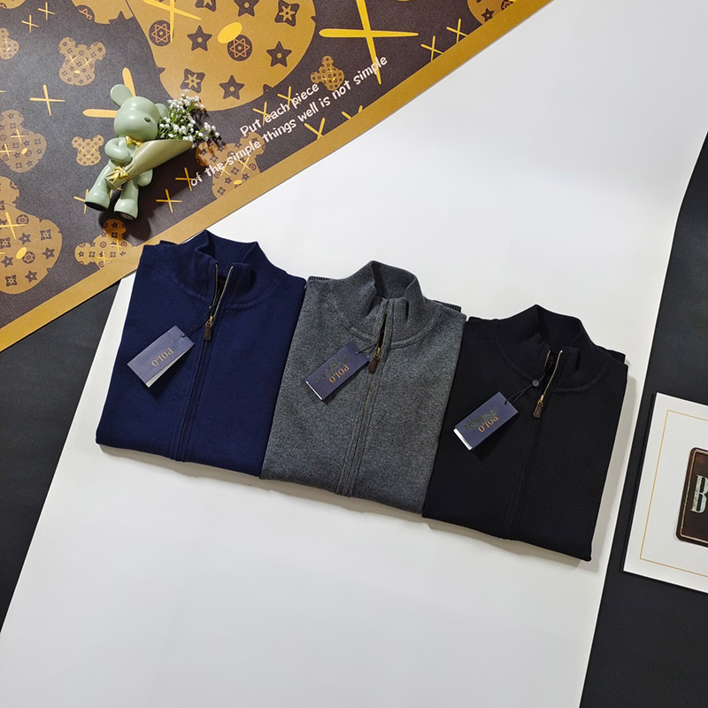 

man POLO Sweaters ZIP Sweater Embroidery horse label on chest %100 cotton, Black