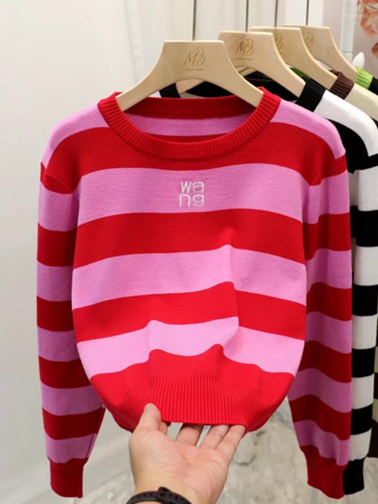 

Women's Sweaters Y2k Clothes Women Tops Embroidered Letters Autumn Winter Short Pullovers Striped Contrast Color Pull Femme, Green