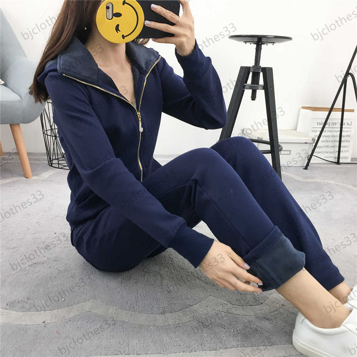 

Juicy Tracksuit Womens Two Piece Pant Lapel Zipper Open Solid Color Slim Jacket Elastic Waist Add Fleece And Thicken Warm Trousers Casual Joker Women Clothes 5 Colors
