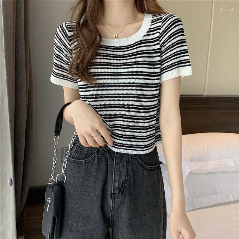 

Women's Sweaters Stripe Short Sleeved Sweater T-shirt Women Ice Silk High Waist Exposed Navel Summer Clothes 2022 O Neck Casual Pullover, Black