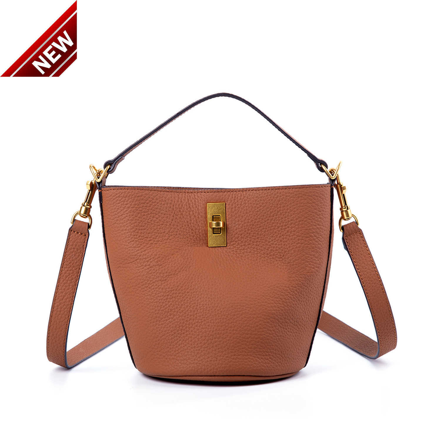 

Women's Designer Bags Arc De Triomphe Women's Bucket Lock Top Layer Lychee Grain Cow Leather Messenger Hand Factory Direct Sales, Brown5