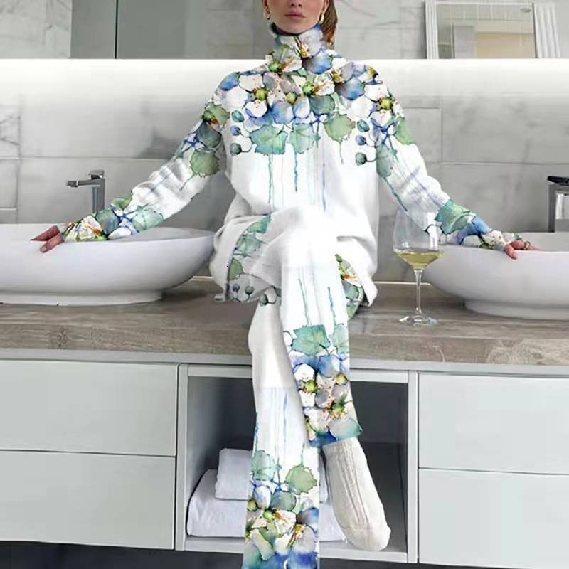 

Women s Two Piece Pants Oversized Turtleneck Tops Loose Long Trousers Set Women Streetwear Casual Femme Warm Sleeve Suit 221206, 03 print
