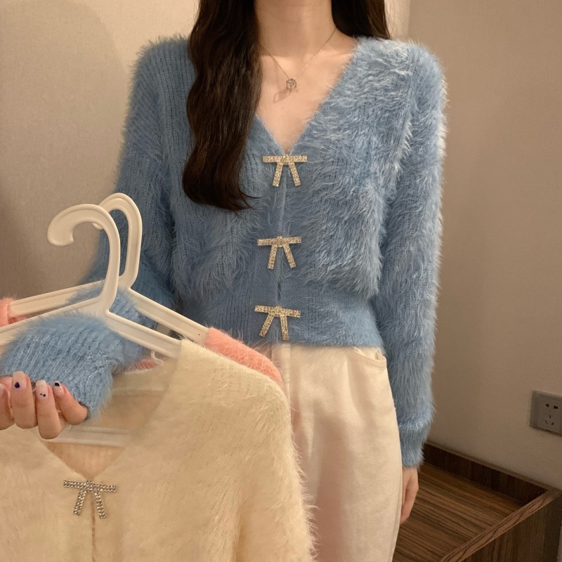 

Women  Knits Tees Korean Fashion Sweet Fluffy V Neck Cardigan Woman Butterfly Button Sweater Female Long Sleeve Knited Top Women Drop 221206, Pink