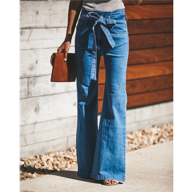 

Women  Jeans Blue Tie Waist Flare Women Slim Denim Trousers Vintage Clothes spring High Pants Belted Stretchy Wide Leg 221206, Sky blue