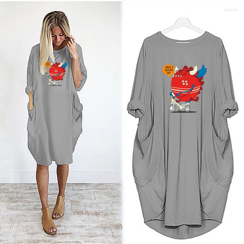 

Casual Dresses Female Dress Woman Cartoon Print Long Sleeve Autumn For Women 2022 Loose O-Neck Mini Pocket Ladies Robe, Black