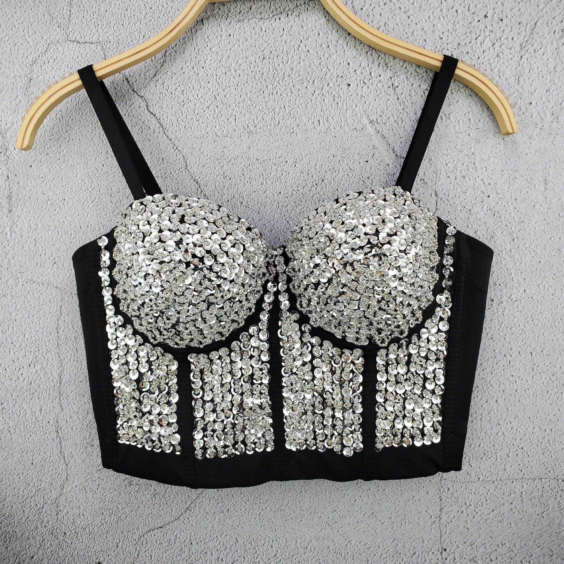 

Sequin handmade corset silver black nail bead wrapped chest strap detachable shoulder strap steel ring versatile summer new women's, White