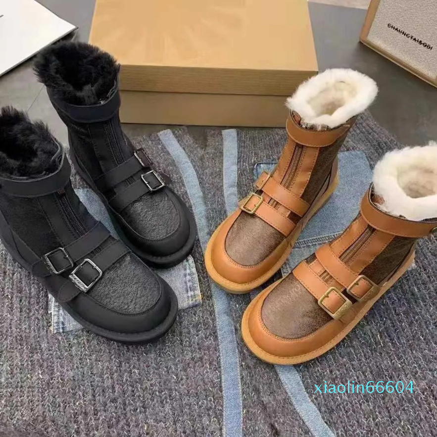 

Boots Leather integrated snow for women's winter the same British style thick soled motorcycle boots belt buckled, Camel