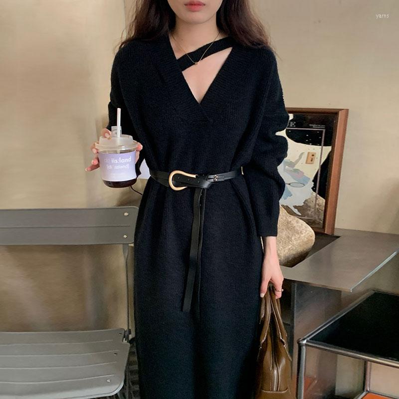 

Casual Dresses ZCSMLL Black Vestido Korean Chic Simple And V-neck Design Lace Up Waistband Bottoming Knitted Dress With Belt For Women