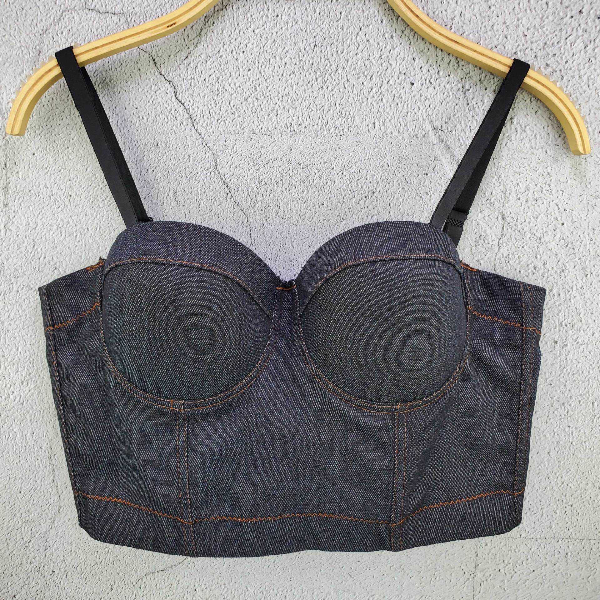 

Black Denim Vest with small suspender casual and three-dimensional thin hot girl open navel short chest Cup top female, Black4