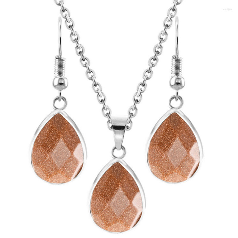 

Necklace Earrings Set Water Drop Section Silver Plated Golden Sand Stone Dangle For Party Gift, Picture shown