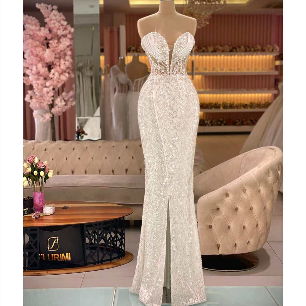 

Shiny New Arrival Evening Dresses V Neck Strapless Sleeveless Lace Floor Length Beaded Pearls Lace Side Slit Sequins Appliques Prom Dress Formal Plus Size Tailored, Purple