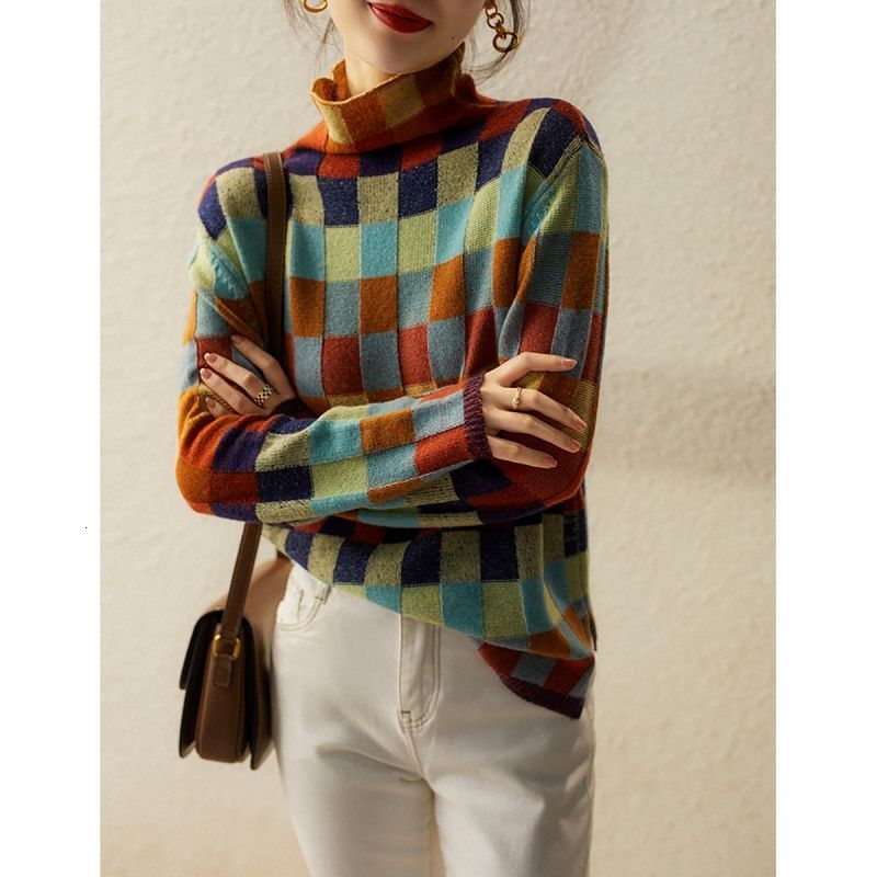 

Women s Sweaters Basic Sweater Women Mock Neck Top Colourful Plaid Autumn Winter Pullover Vintage Bottoming Knitted Shirts Warm Jumper 221206, Black