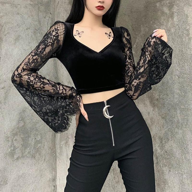 

Women' Blouses Fashion Black Crop Top V Neck Solid Basic Hollow Lace Slim Women Long Sleeve Pullover