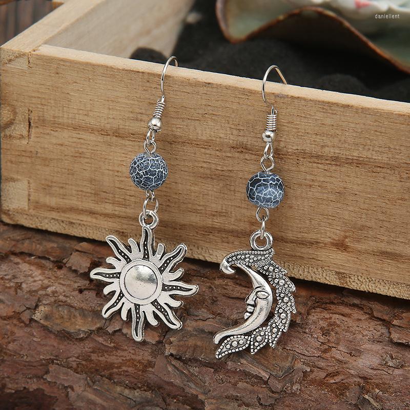 

Dangle Earrings Bohemian Vintage Sun Moon For Women Accessories Grey Stone Beads Asymmetrical Pendant Retro Jewelry