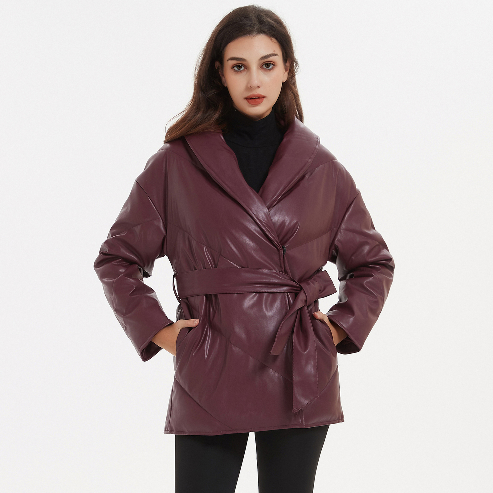 

Women  Down Parkas Malina Autumn Winter Fashion Loose Solid PU Leather Coats Elegant Tie Belt Cotton Jackets Female Ladies 221206, Black