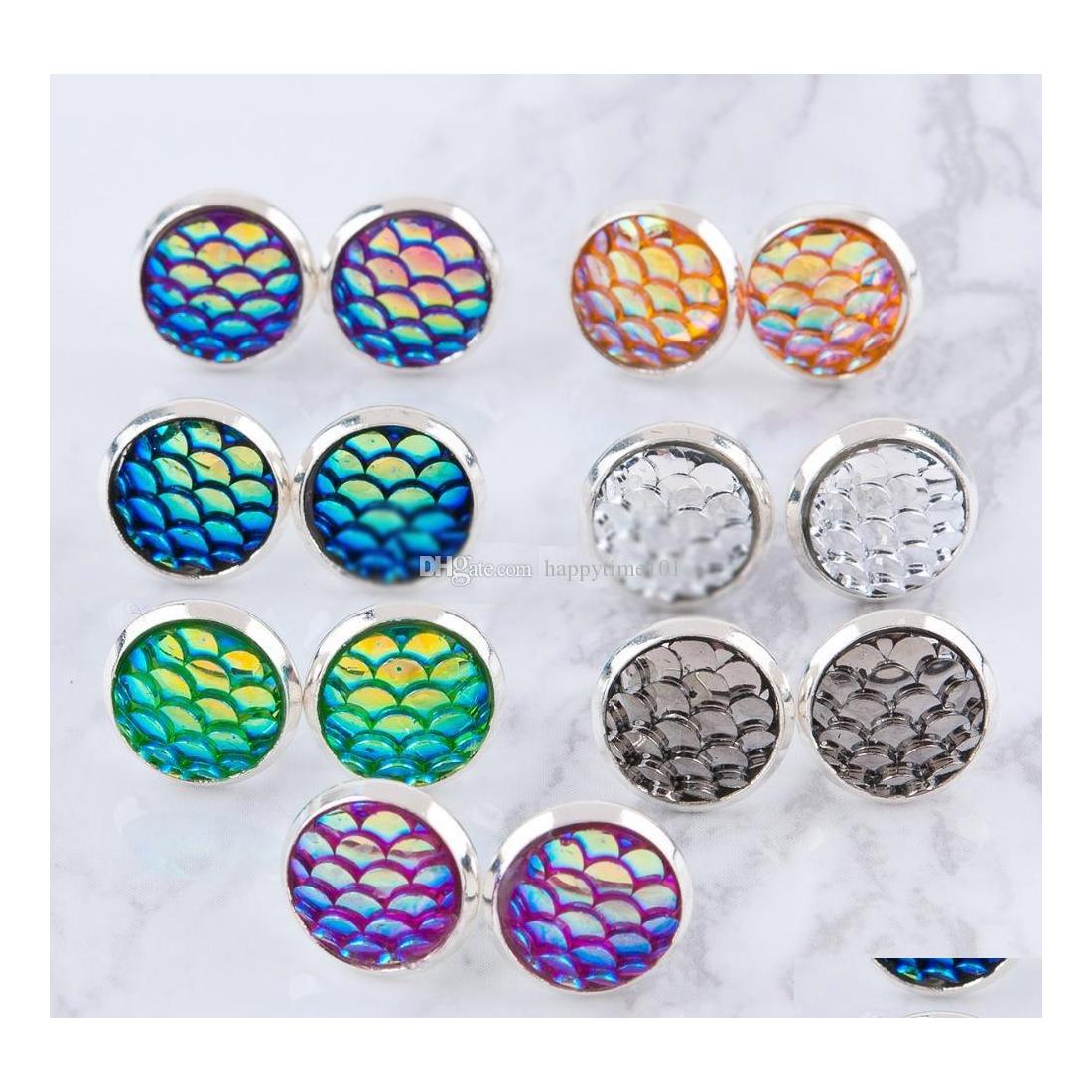 

Stud Handmade Druzy Drusy Resin Beads Round Earrings 12Mm Mermaid Fish Scale Pattern Stud Fashion Trendy Women Jewelry Drop Delivery Dhhrj