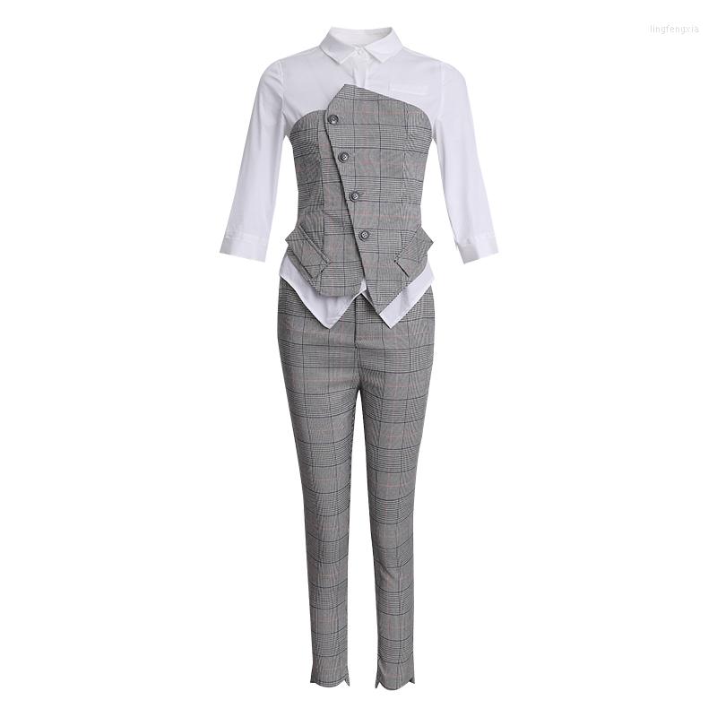 

Women' Tracksuits Arrival Fashion Set Women Summer Sexy Fresh Plaid Patchwork Shirt And Long Pant Office Lady Vintage Two Piece, Gray