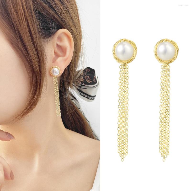 

Dangle Earrings Round Pearl Drop For Women Gold Plated Long Tassel Chain Wedding Pendant Korean Fashion Jewelry