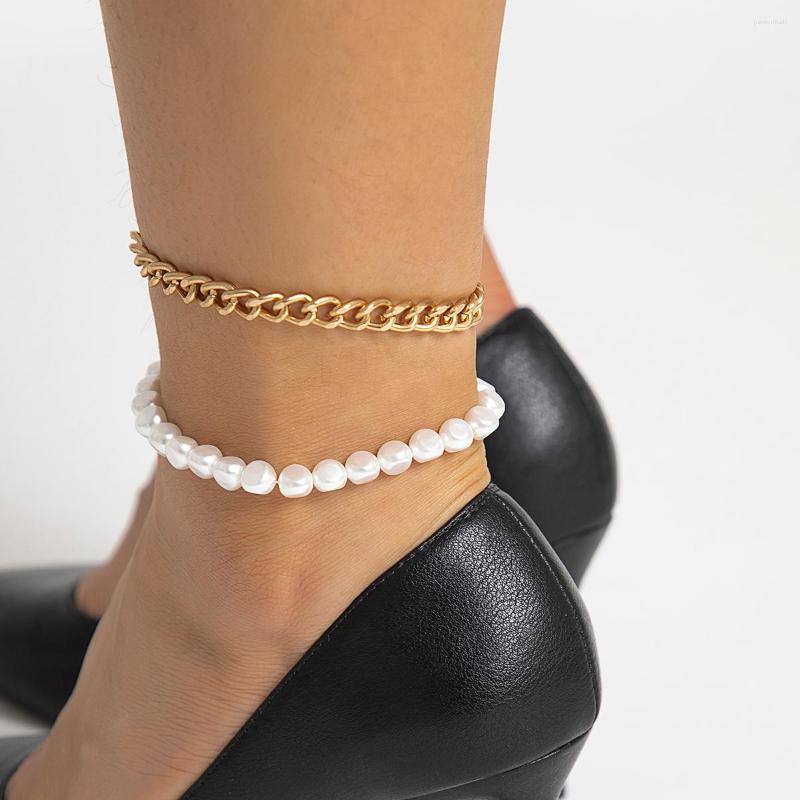 

Anklets IngeSight.Z MultiLayer Vintage Baroque Pearls Cuban Link Chain Anklet For Women Gold Color Elegant High Heel Foot Jewelry
