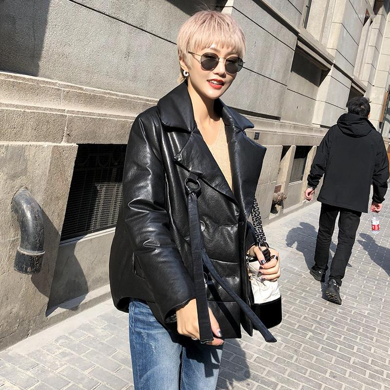 

Women's Leather Winter Sheepskin Genuine Duck Down Coat Women Korean Short Jacket Chaqueta Mujer GGS18D1890 YY814, Black
