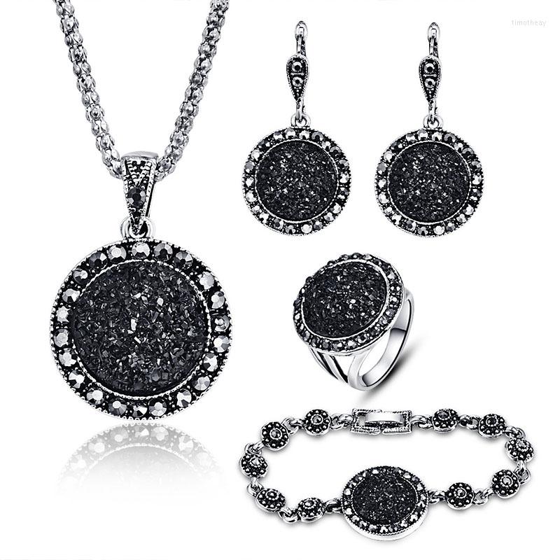 

Necklace Earrings Set 4Pcs/Sets Black Round Stone Jewelry For Women Bracelet Ring Ancient Silver Color Vintage Wedding, Picture shown