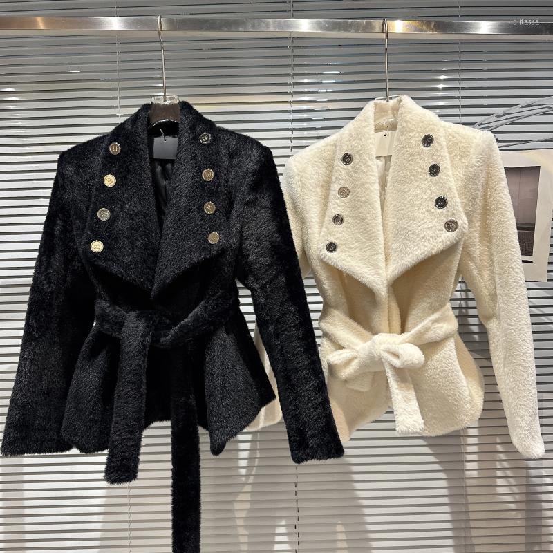 

Women' Jackets PREPOMP 2022 Winter Collection Double Breasted Buttons Woolen Belt Slim Waist Blazer Caot Women Cotton Liner Jacket GH048, Black